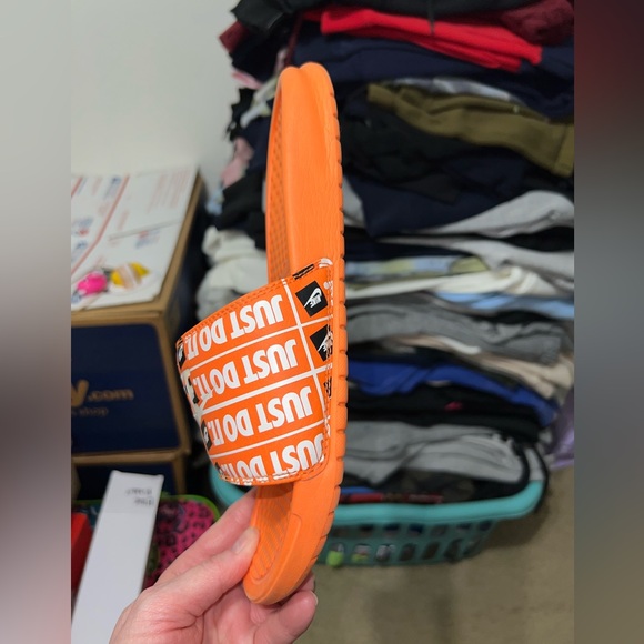 Nike Black and Green Slides with Orange Just Do It Slides - Picture 10 of 12